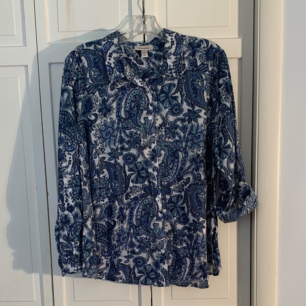 Dress Barn Blue & White Paisley Button Down Shirt